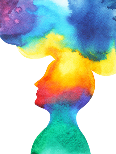 Watercolor of person's head with colors streaming from top